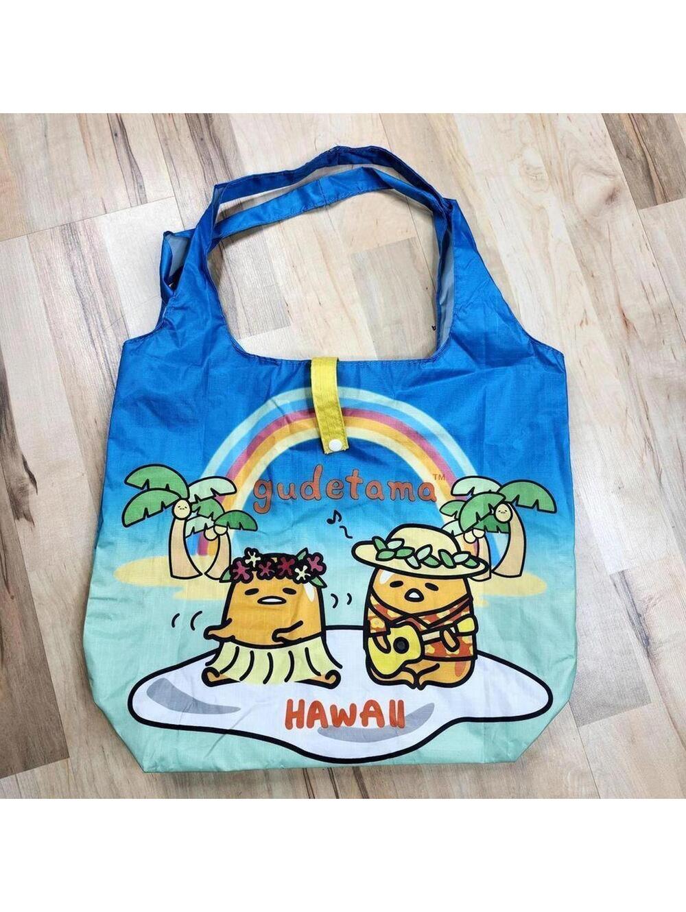 Gudetama Hawaii Edition Foldable Shopping Tote Bag Rainbow Palm Trees Design